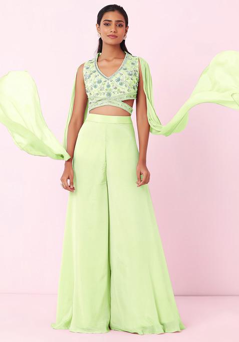 Mint Green Palazzo Set With Floral Hand Embellished Blouse