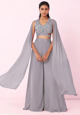 Steel Grey Palazzo Set With Floral Hand Embellished Blouse