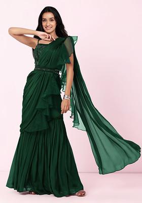 Green Sharara And Hand Embellished Blouse Set With Attached Dupatta And Belt