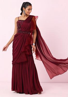 Red Sharara And Hand Embellished Blouse Set With Attached Dupatta And Belt