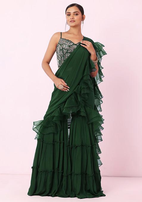 Green Tiered Sharara Set With Floral Embellished Blouse And Attached Dupatta