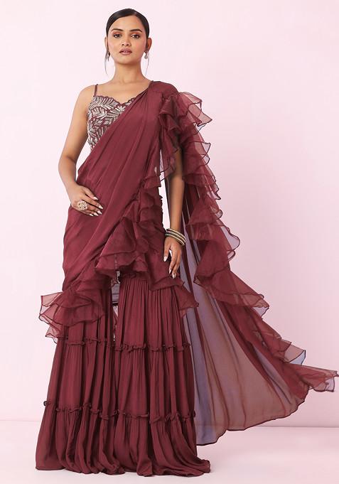 Rusty Rose Tiered Sharara Set With Floral Embellished Blouse And Attached Dupatta