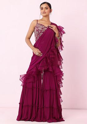 Pink Tiered Sharara Set With Floral Embellished Blouse And Attached Dupatta