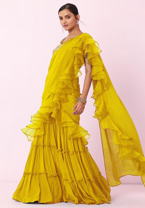 Yellow Tiered Sharara Set With Floral Embellished Blouse And Attached Dupatta