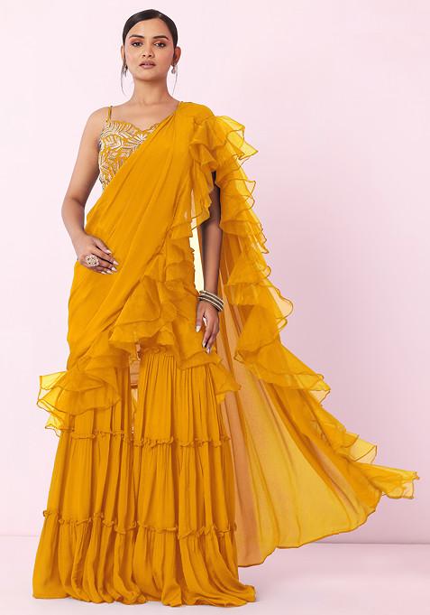Orange Tiered Sharara Set With Floral Embellished Blouse And Attached Dupatta