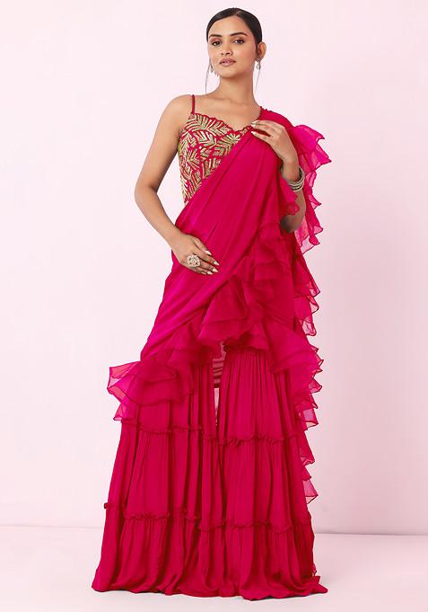 Hot Pink Tiered Sharara Set With Floral Embellished Blouse And Attached Dupatta