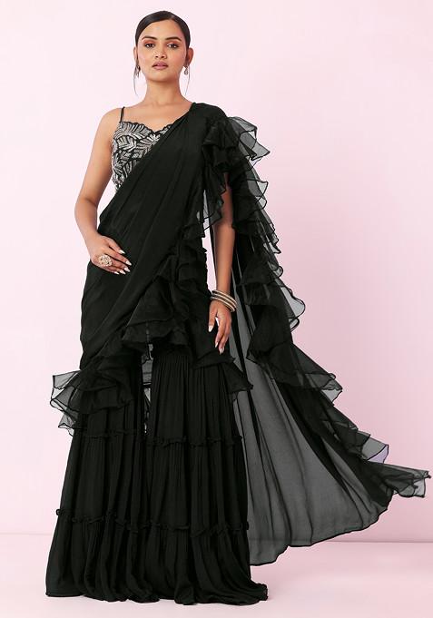 Black Tiered Sharara Set With Floral Embellished Blouse And Attached Dupatta