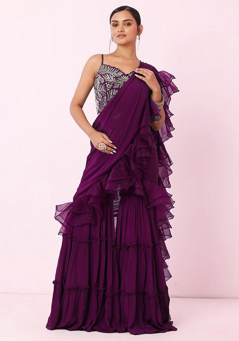 Purple Tiered Sharara Set With Floral Embellished Blouse And Attached Dupatta