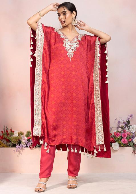 Red Gota Patti Embellished Satin Kaftan Kurta Set With Pants