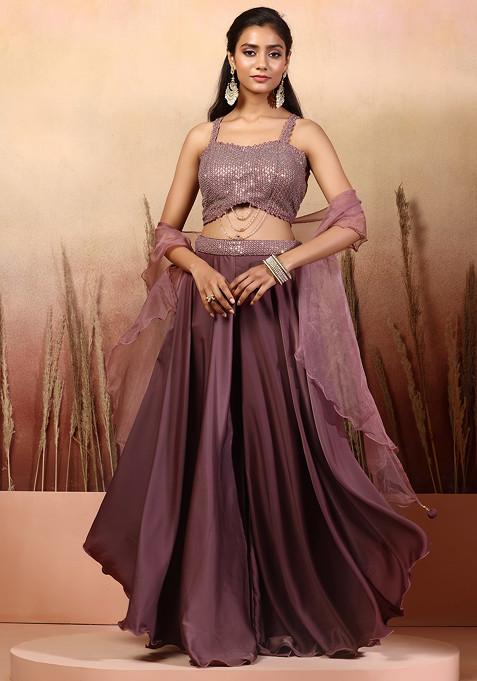 Rusty Rose Sharara Set With Sequin Embellished Blouse And Ruffled Dupatta