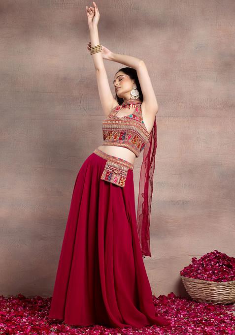 Berry Pink Multicolour Thread Embroidered Sharara Set With Halter Blouse And Organza Dupatta