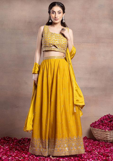 Mustard Sequin Embroidered Sharara Set With Scallop Embroidered Blouse And Dupatta