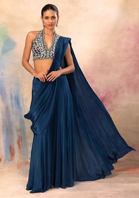 Teal Blue Flared Palazzo Set With Hand Embroidered Halter Blouse And Attached Drape