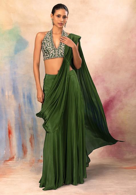 Olive Flared Palazzo Set With Hand Embroidered Halter Blouse And Attached Drape