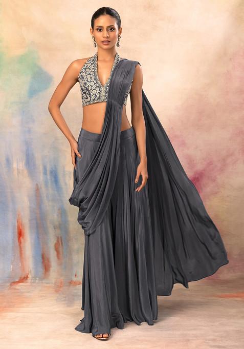 Grey Flared Palazzo Set With Hand Embroidered Halter Blouse And Attached Drape