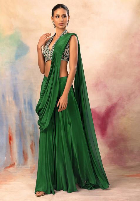 Green Flared Palazzo Set With Hand Embroidered Halter Blouse And Attached Drape