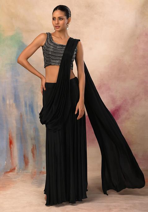 Black Flared Palazzo Set With Hand Embroidered Blouse And Attached Drape