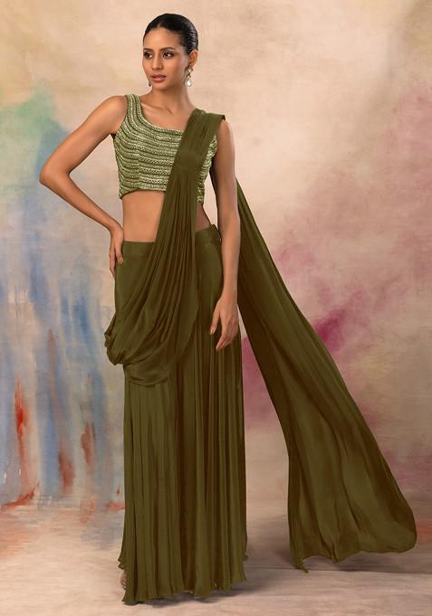 Olive Flared Palazzo Set With Hand Embroidered Blouse And Attached Drape