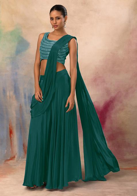 Teal Flared Palazzo Set With Hand Embroidered Blouse And Attached Drape