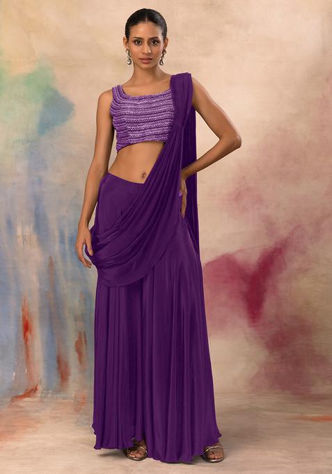 Purple Flared Palazzo Set With Hand Embroidered Blouse And Attached Drape