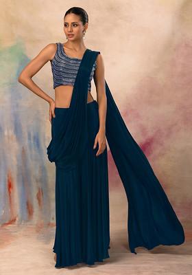 Teal Blue Flared Palazzo Set With Hand Embroidered Blouse And Attached Drape