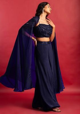 Navy Blue Embellished Jacket Set With Sequin Hand Embroidered Blouse And Palazzo