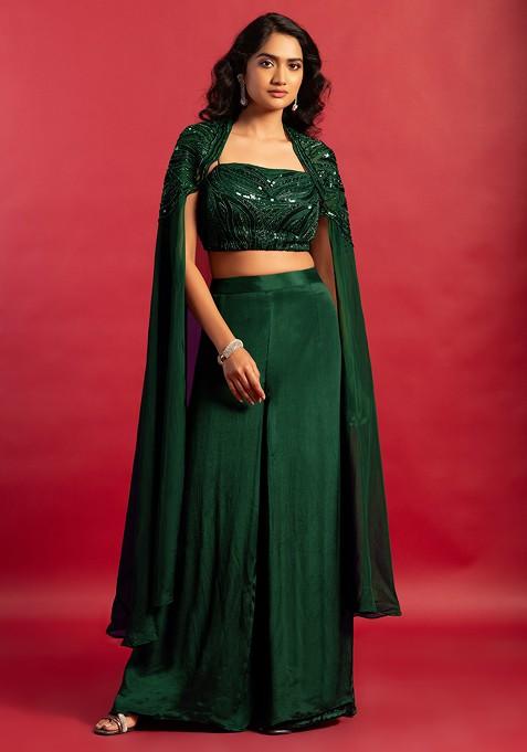 Emerald Green Embellished Jacket Set With Sequin Hand Embroidered Blouse And Palazzo