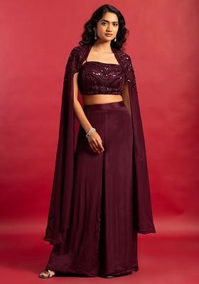 Maroon Embellished Jacket Set With Sequin Hand Embroidered Blouse And Palazzo