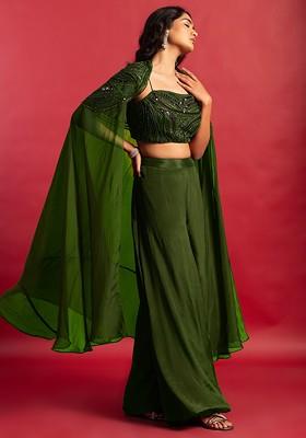 Olive Green Embellished Jacket Set With Sequin Hand Embroidered Blouse And Palazzo