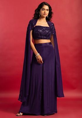 Purple Embellished Jacket Set With Sequin Hand Embroidered Blouse And Palazzo