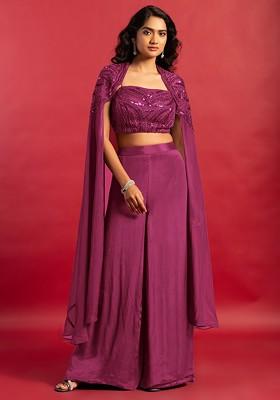 Onion Pink Embellished Jacket Set With Sequin Hand Embroidered Blouse And Palazzo