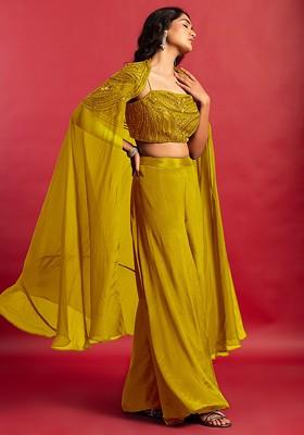 Yellow Embellished Jacket Set With Sequin Hand Embroidered Blouse And Palazzo