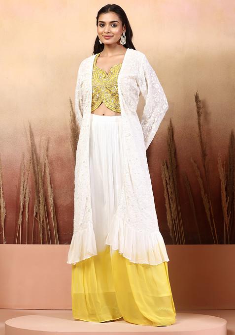 Ivory Floral Thread Embroidered Jacket Set With Yellow Embellished Blouse And Palazzo