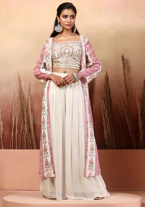 Beige Zari Embroidered Jacket Set With Floral Embellished Blouse And Palazzo