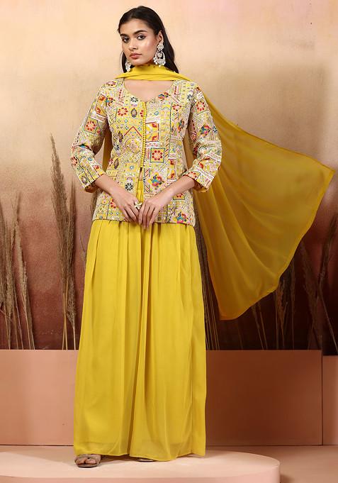 Yellow Floral Sequin Embellished Kurta Set With Palazzo And Dupatta