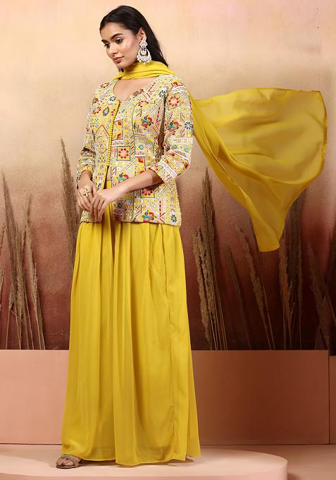 Mustard Yellow Floral Embroidered Kurta Set with Palazzo & Embroidered Organza Dupatta
