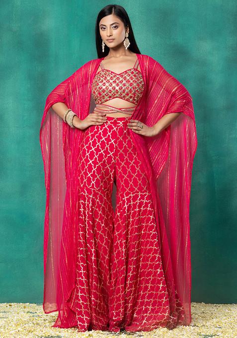 Rani Pink Brocade Sharara Set With Sequin Embellished Blouse And Jacket