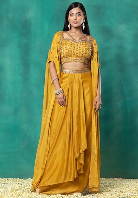 Mustard Embellished Jacket Set With Floral Sequin Hand Embroidered Blouse And Pleated Skirt