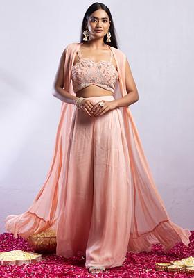 Pink Lurex Striped Sharara Set With Floral Embellished Blouse And Jacket