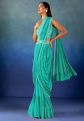 Mint Green Sharara And Mirror Hand Embroidered Blouse Set With Attached Drape And Belt