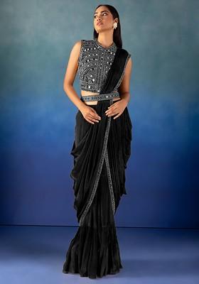Black Sharara And Mirror Hand Embroidered Blouse Set With Attached Drape And Belt