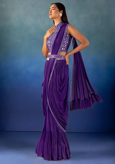 Purple Sharara And Mirror Hand Embroidered Blouse Set With Attached Drape And Belt