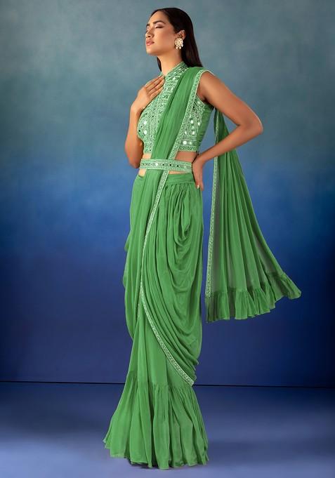 Green Sharara And Mirror Hand Embroidered Blouse Set With Attached Drape And Belt