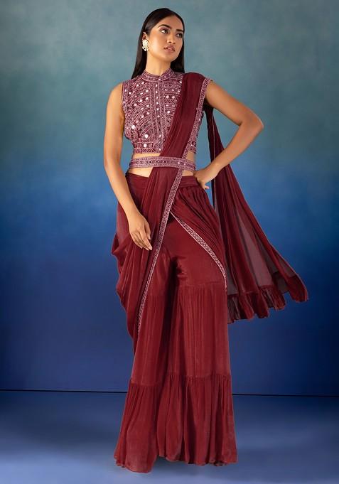 Maroon Sharara And Mirror Hand Embroidered Blouse Set With Attached Drape And Belt