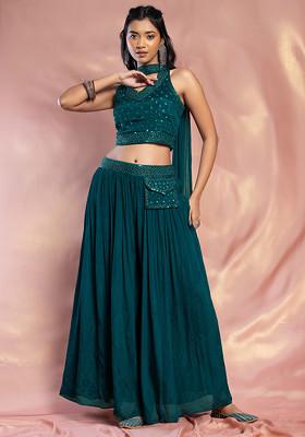 Turquoise Green Palazzo Set With Hand Embroidered Blouse And Choker Dupatta