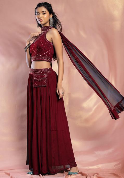 Maroon Palazzo Set With Hand Embroidered Blouse And Choker Dupatta