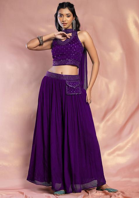 Purple Palazzo Set With Hand Embroidered Blouse And Choker Dupatta