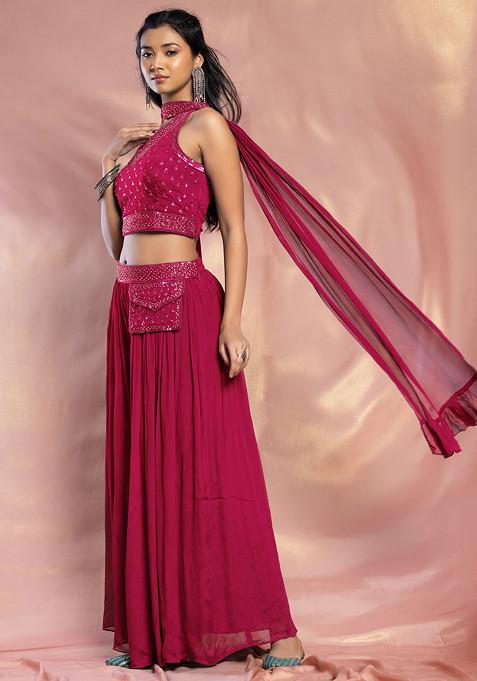 Hot Pink Palazzo Set With Hand Embroidered Blouse And Choker Dupatta