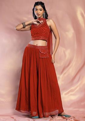 Orange Palazzo Set With Hand Embroidered Blouse And Choker Dupatta