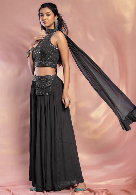 Charcoal Black Palazzo Set With Hand Embroidered Blouse And Choker Dupatta